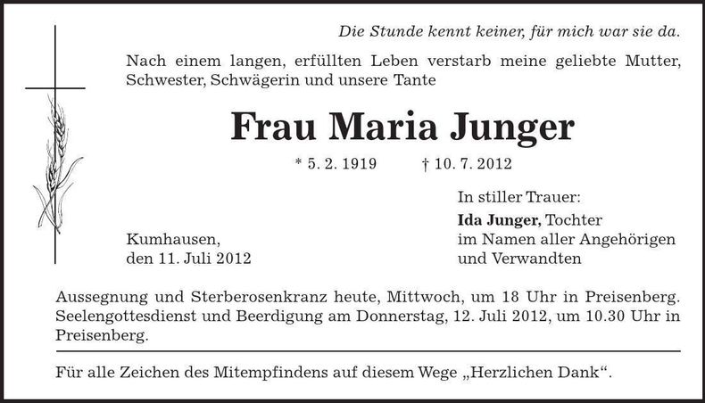Traueranzeige Maria Junger