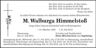 Traueranzeige M. Walburga Himmelstoß