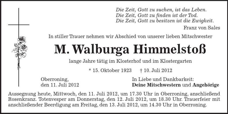 Traueranzeige M. Walburga Himmelstoß
