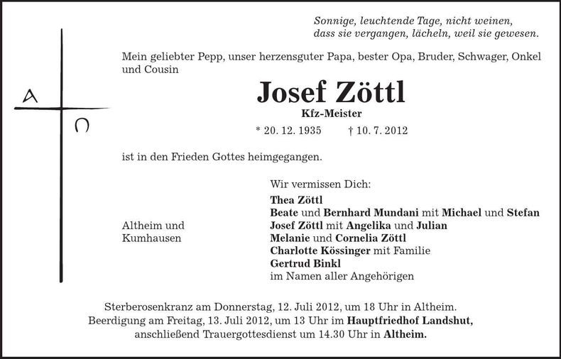 Traueranzeige Josef Zöttl
