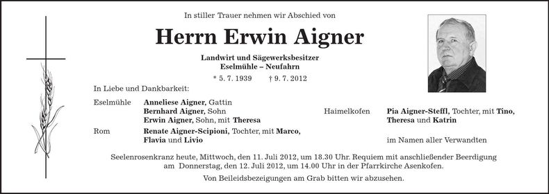 Traueranzeige Erwin Aigner
