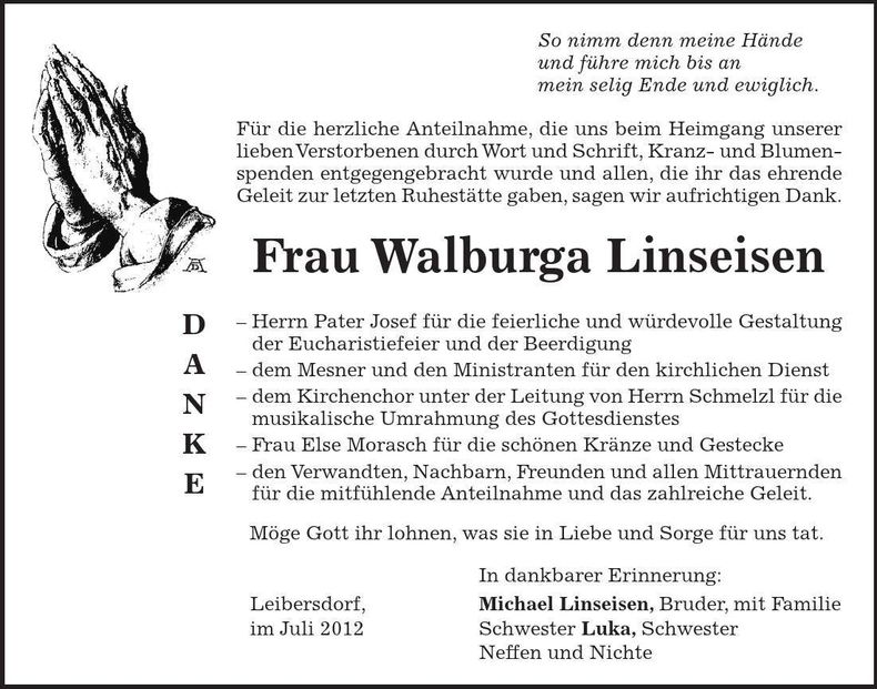 Traueranzeige Walburga Linseisen