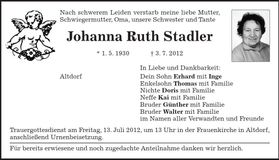 Traueranzeige Johanna Ruth Stadler