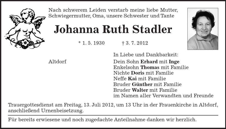 Traueranzeige Johanna Ruth Stadler