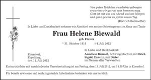 Traueranzeige Biewald Helene