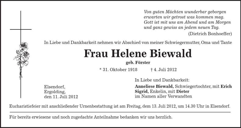 Traueranzeige Biewald Helene