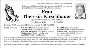 Traueranzeige Theresia Kirschbauer