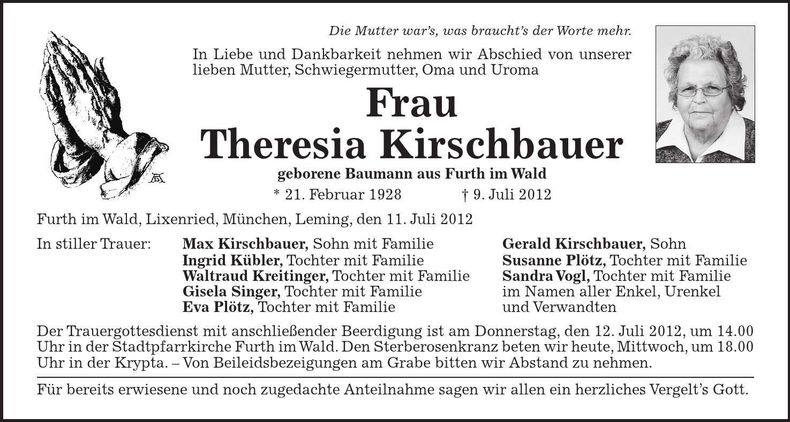 Traueranzeige Theresia Kirschbauer