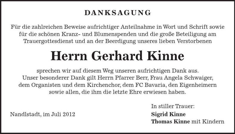 Traueranzeige Gerhard Kinne