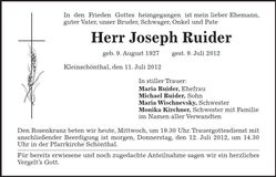 Traueranzeige Joseph Ruider