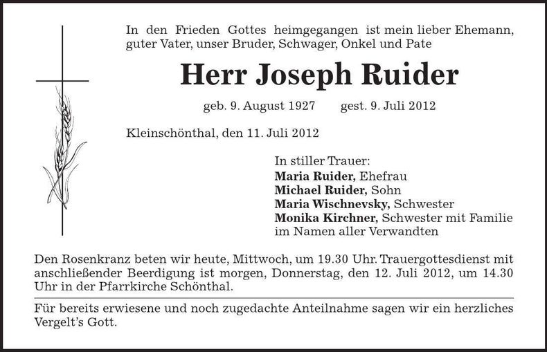 Traueranzeige Joseph Ruider
