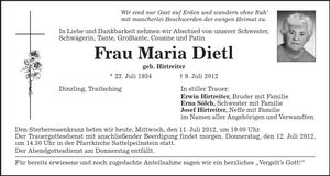 Traueranzeige Maria Dietl