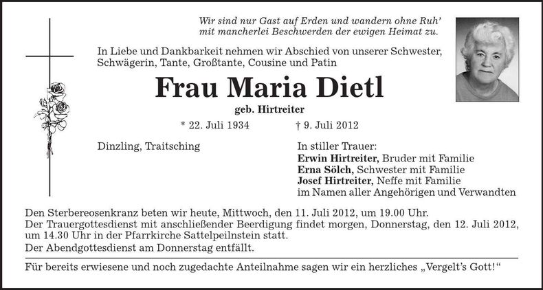 Traueranzeige Maria Dietl