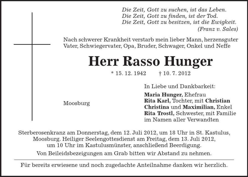 Traueranzeige Rasso Hunger