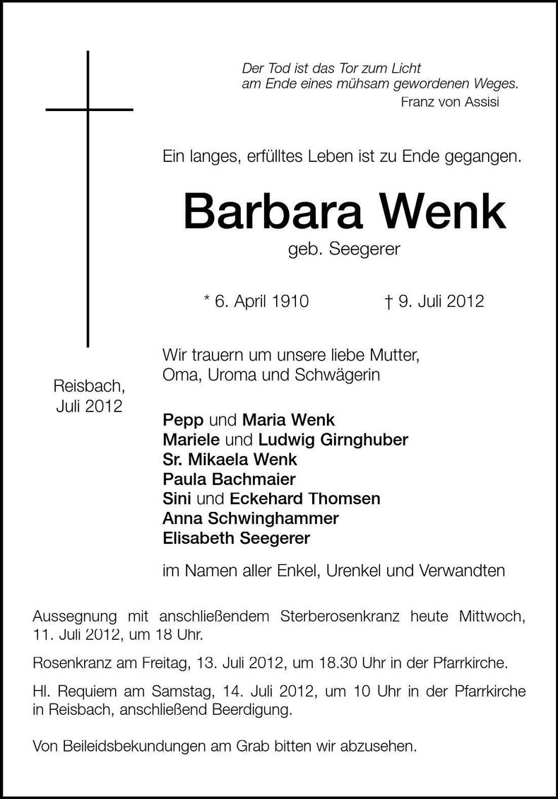 Traueranzeige Barbara Wenk