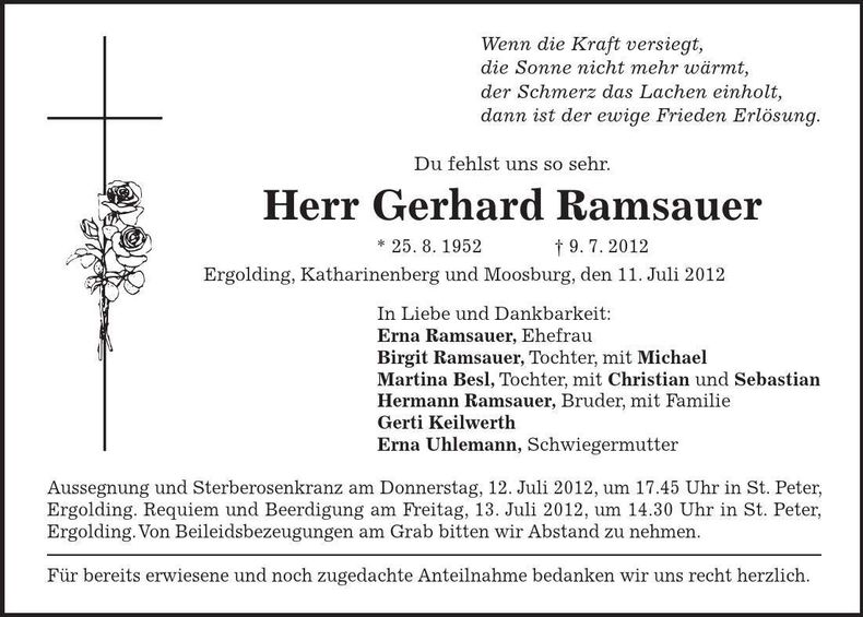Traueranzeige Gerhard Ramsauer
