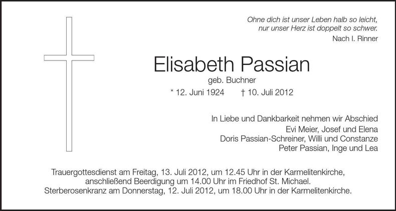 Traueranzeige Elisabeth Passian