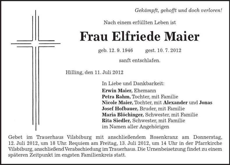 Traueranzeige Elfriede Maier
