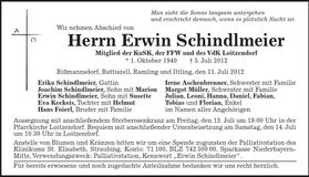 Traueranzeige Erwin Schindlmeier