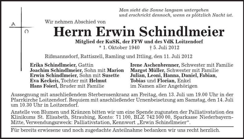 Traueranzeige Erwin Schindlmeier