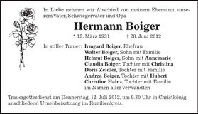 Traueranzeige Hermann Boiger