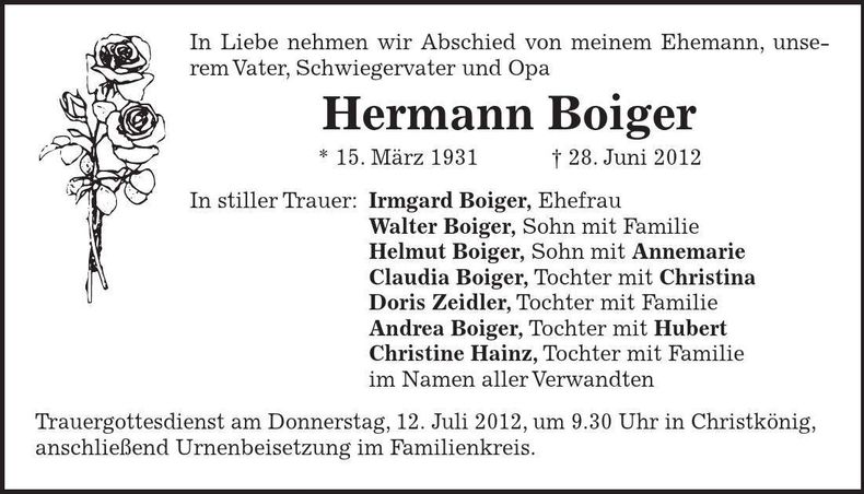 Traueranzeige Hermann Boiger