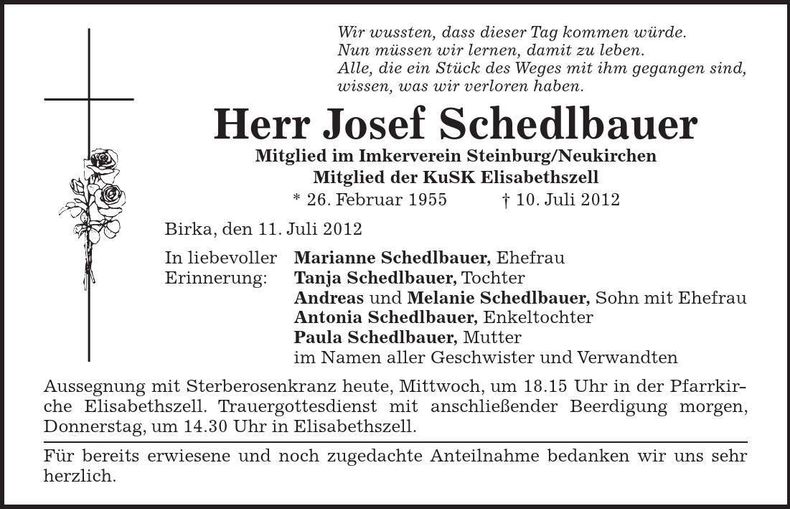 Traueranzeige Josef Schedlbauer