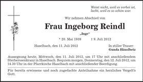 Traueranzeige Ingeborg Reindl