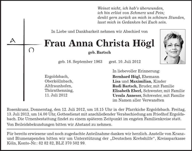 Traueranzeige Anna Christa Högl