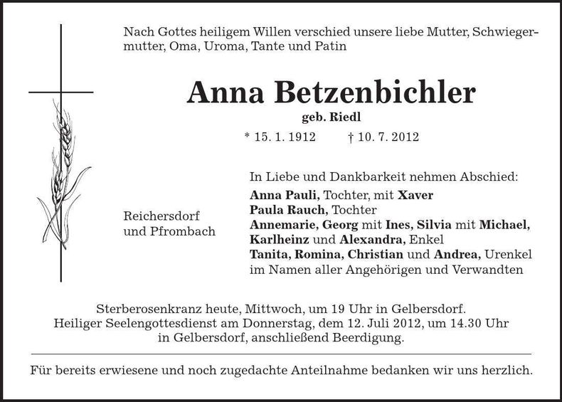 Traueranzeige Anna Betzenbichler