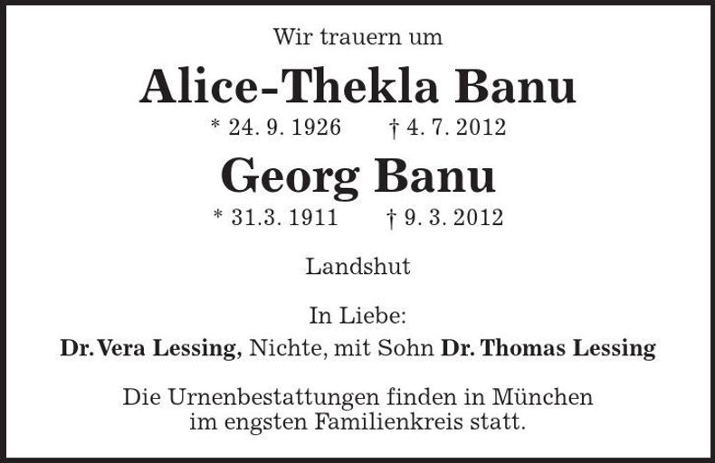 Traueranzeige Alice Thekla und Georg Banu