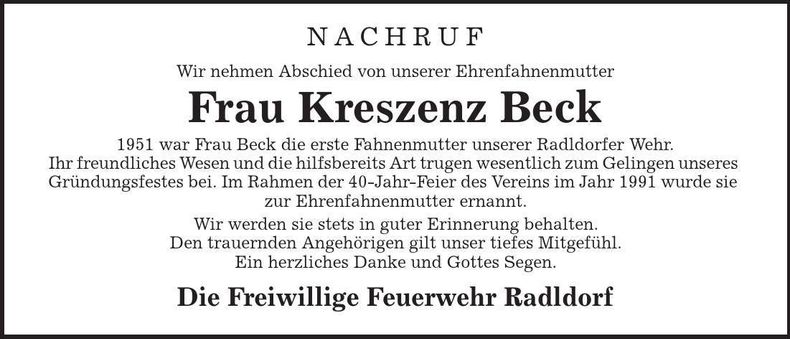 Traueranzeige Kreszenz Beck