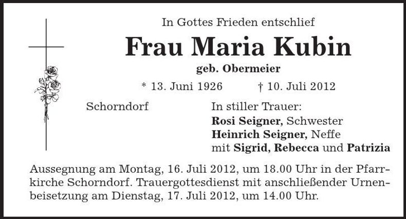 Traueranzeige Maria Kubin