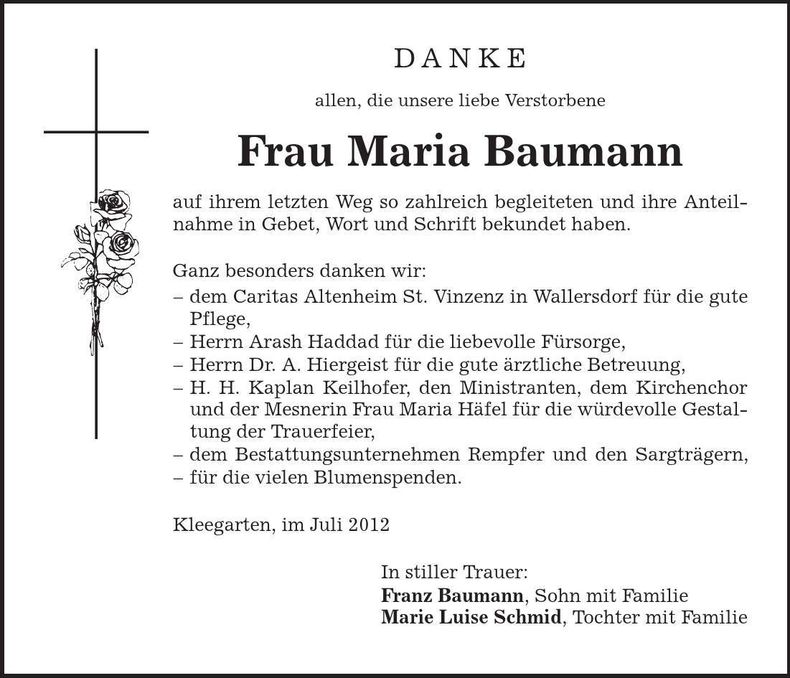 Traueranzeige Maria Baumann