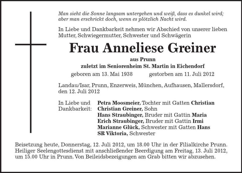 Traueranzeige Elisabeth Greiner