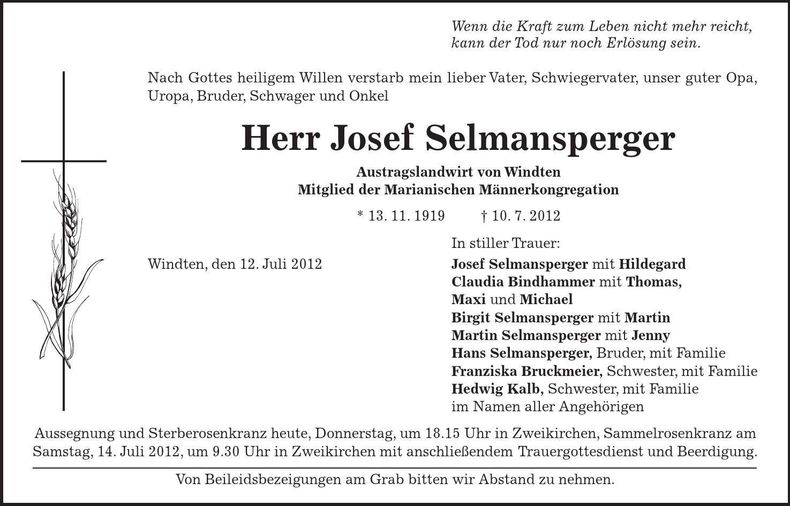 Traueranzeige Josef Selmansberger