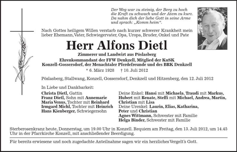 Traueranzeige Alfons Dietl