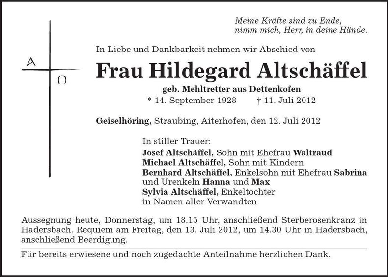 Traueranzeige Hildegard Altschäffel