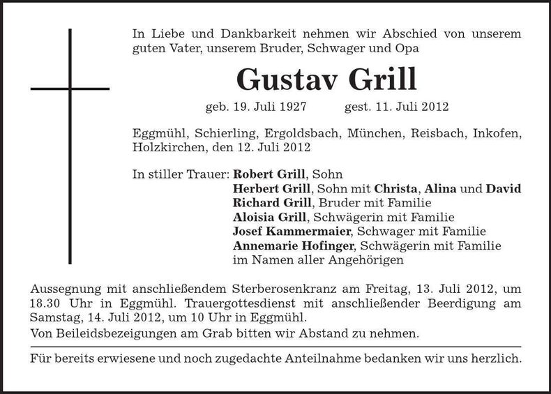 Traueranzeige Gustav Grill