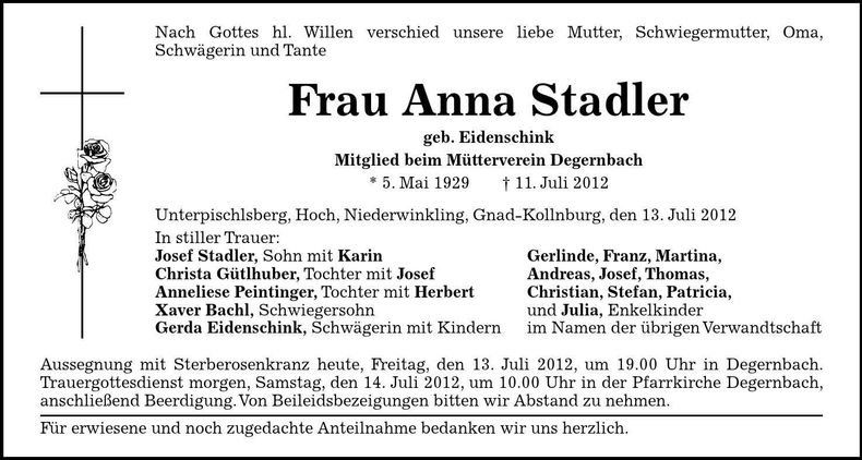 Traueranzeige Anna Stadler