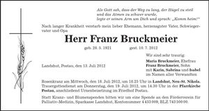 Traueranzeige Franz Bruckmeier sen.