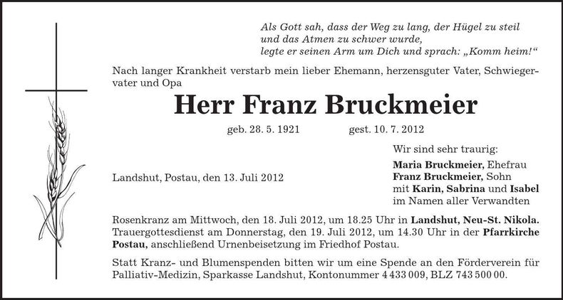 Traueranzeige Franz Bruckmeier sen.