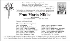 Traueranzeige Maria Niklas