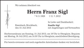 Traueranzeige Franz Sigl