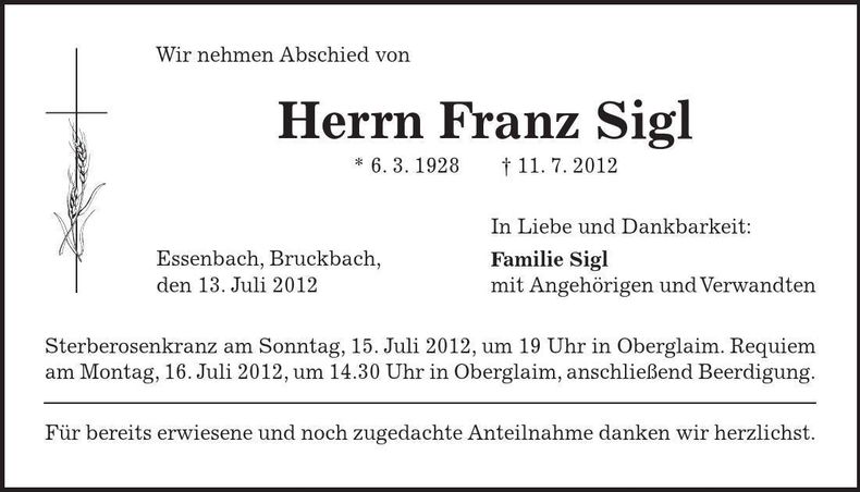 Traueranzeige Franz Sigl