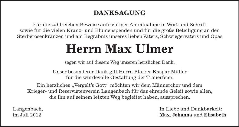 Traueranzeige Max Ulmer