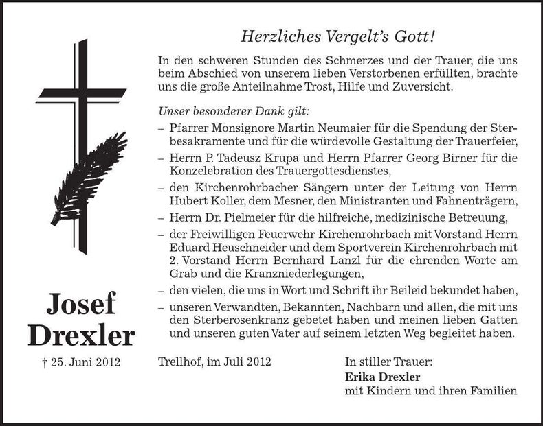 Traueranzeige Josef Drexler
