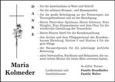 Traueranzeige Maria Kolmeder