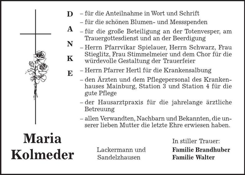 Traueranzeige Maria Kolmeder