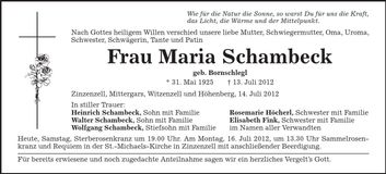 Traueranzeige Maria Schambeck